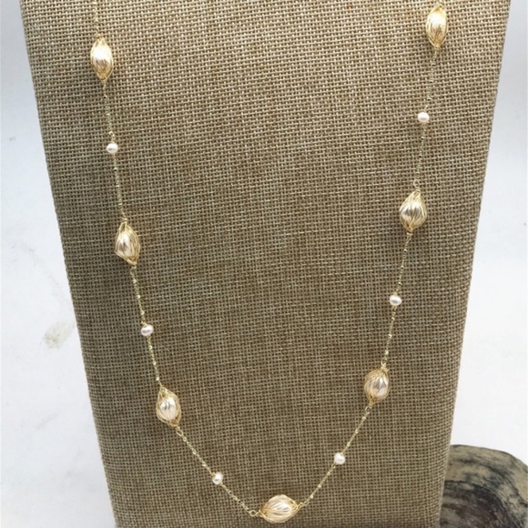 42" White Cultured Pearl Gold Chain Necklace 14K Yellow Gold Plate - Picture 1 of 11